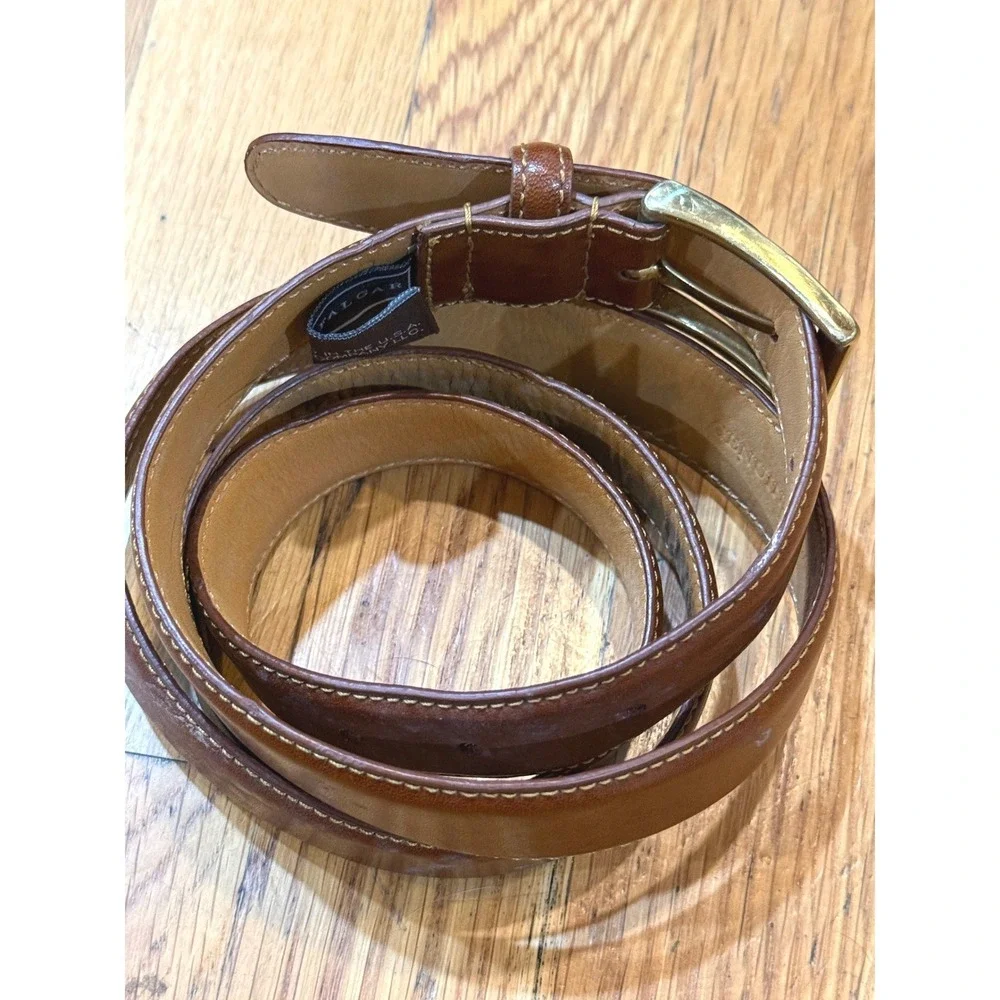 Trafalgar‎ Mens Leather Belt Cognac Brown Gold Buckle Made in USA Classic Dress